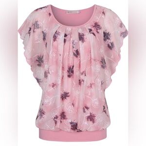 ✨BAISHENGGT Flutter Short Sleeve Pleated Front Mesh Dressy Casual Blouse Sz Med